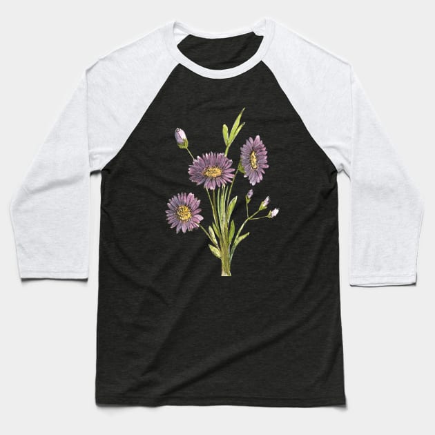 Purple Aster Flowers Watercolor Painting Baseball T-Shirt by Ratna Arts